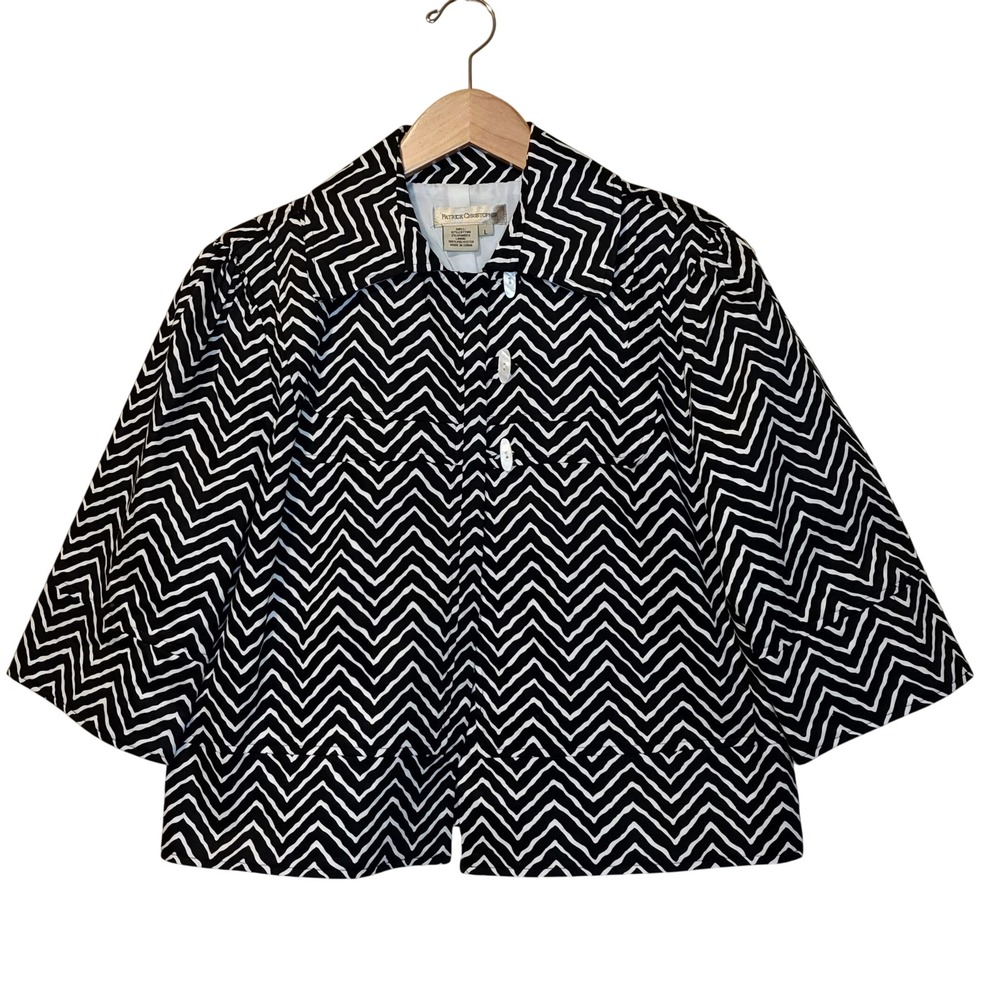 Patrick Christopher Cropped Jacket Women LG Black‎ White Chevron Zig Zag Button